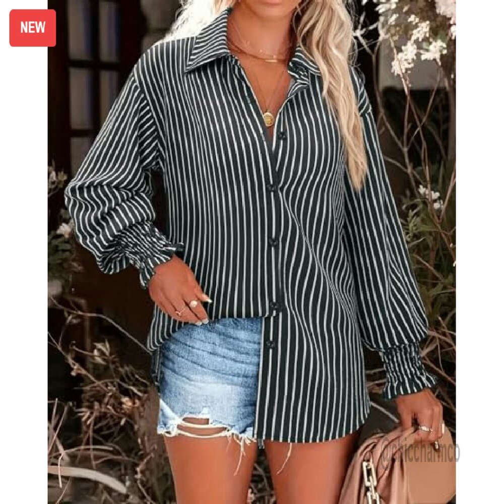 Oversized Striped Button Down Blouse Smocked Cuff… - image 5